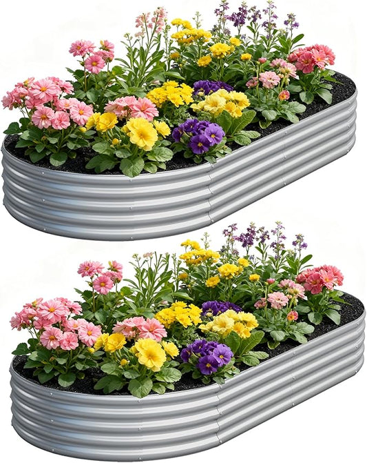 zizin 2 Pack Oval Galvanized Raised Garden Bed Kit 8x4x1ft Large Metal Planter Box for Outdoor Vegetables, Silver