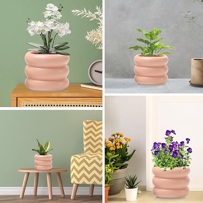 4.7 Inch Modern Plant Pot Pink Ceramic Glaze Succulent Planters for Indoor Unique Pots, Planter with Drainage Holes Small Bubble Porcelain for Herb Snake Plants
