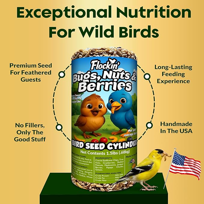 Bugs, Nuts & Berries Bird Seed Cylinders with Hole – Wild Bird Food for Blue Birds, Woodpeckers, Cardinals & More – Premium Protein-Rich All Natural Blend, No Fillers – USA Made (4" x 7.75")