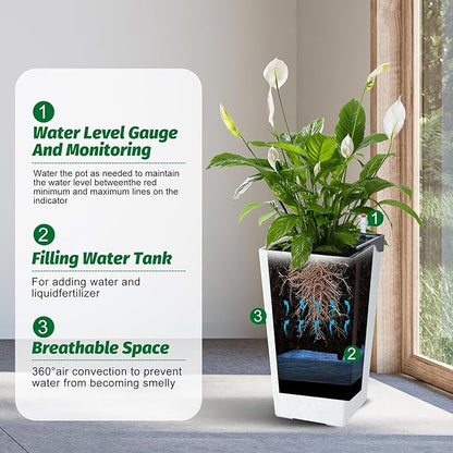 22.5'' Tall Planters for Outdoor & Indoor, Self Watering Plant Pots Set of 2 with Water Level Monitor & Drainage, Automatic Watering for Patio Garden, White