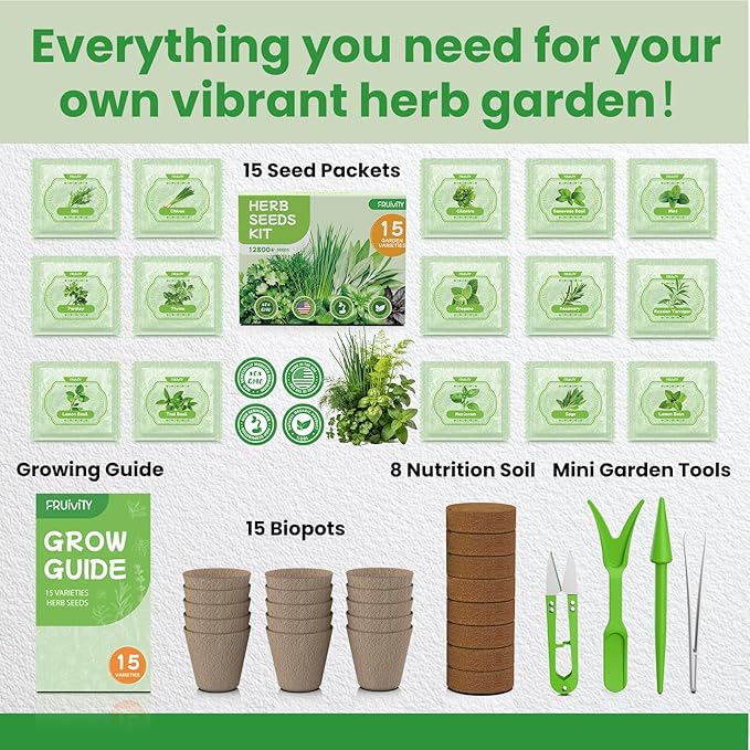 Herb Seeds Variety Pack – Fruivity 12800+ 15 in 1 Heirloom Seed Kits for Indoor/Outdoor Planting | Herb Indoor Garden Kit Starter - Complete Herb Garden Starter Set with Gift Packaging for Family