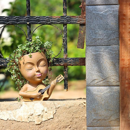Face Planter Pot, Cute Girl Playing Guitar Head Planter for Indoor Plants, Unique Resin Succulent Pots with Drainage, Creative Music Lover Gifts for Guitarist Women Mom (Brown)