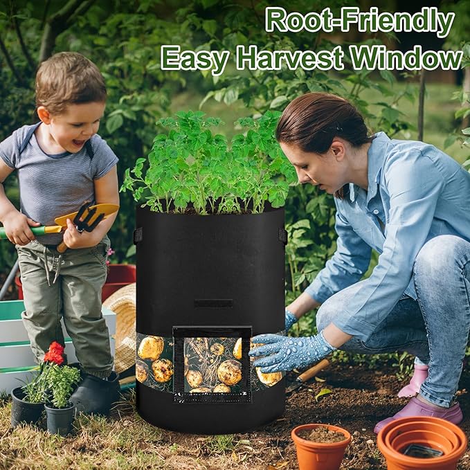succulentlovers 3Pack 16 Gallon Potato Grow Bags with 360° Visibility, Plant Grow Bags Heavy Duty Thickened Nonwoven Fabric with Handles and Harvest Window Access Flap for Planting Vegetables Flowers