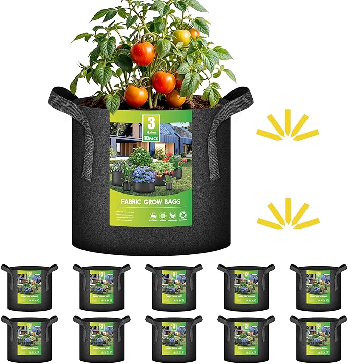 iPower 10 Pack 3 Gallon Grow Bags with Labels, 300G Thickened Nonwoven Plant Fabric Pots with Handles, Aeration Garden Grow Pots for Tomato Potato Vegetables, Fruits, Flowers, Black