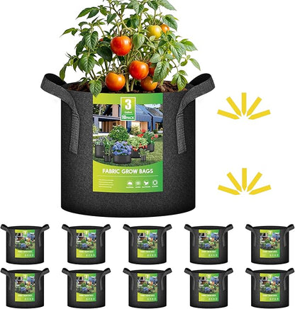 iPower 10 Pack 3 Gallon Grow Bags with Labels, 300G Thickened Nonwoven Plant Fabric Pots with Handles, Aeration Garden Grow Pots for Tomato Potato Vegetables, Fruits, Flowers, Black