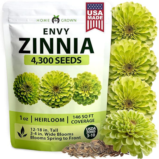 HOME GROWN Envy Zinnia Seeds (1g) – 4300 Rare Lime Green Annual Zinnia Flower Seeds for Planting, Fast-Growing Bulk Variety, Premium Herb Seeds Garden Companion for 2026 Blooms (Zinnia elegans)