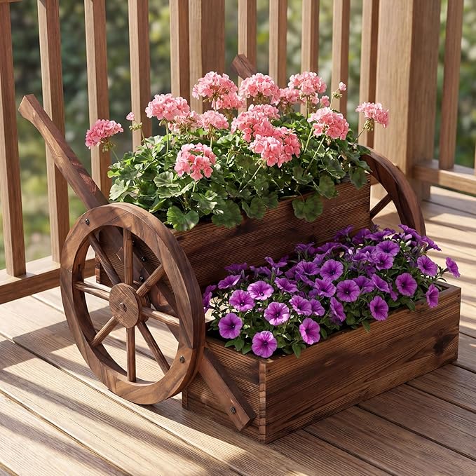 Giantex Wooden Wagon Planter Box, Rustic Garden Planter with Wheels, Handles & Drainage Holes for Flowers Herbs Vegetables, Indoor Outdoor Decorative Flower Cart for Patio Balcony (2)