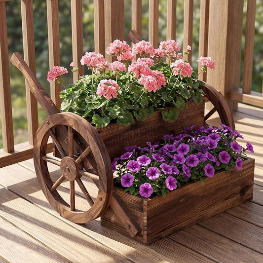 Giantex Wooden Wagon Planter Box, Rustic Garden Planter with Wheels, Handles & Drainage Holes for Flowers Herbs Vegetables, Indoor Outdoor Decorative Flower Cart for Patio Balcony (1)