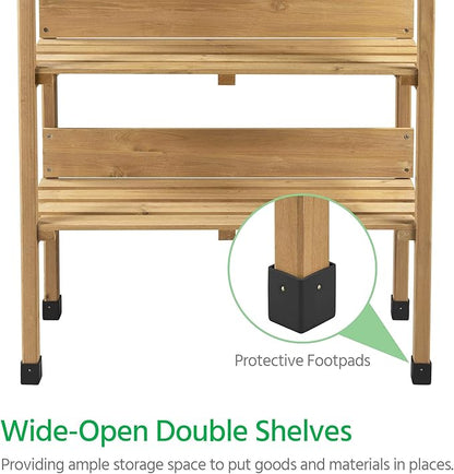 Topeakmart Potting Bench Table w/Metal Tabletop for Garden, Fir Wood Workstation w/3 Tier Shelves, Outdoor Work Bench w/Hook Natural Wood