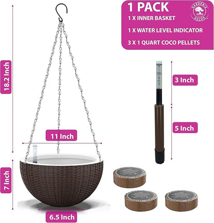 GARDENIX DECOR Self Watering Hanging Planter, 11'' Indoor, Brown, Coco Coir, with Water Level Indicator, Round, 1 Pack