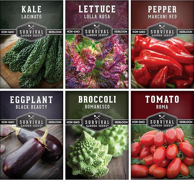 Italian Heirloom Vegetable Seeds – 6 Variety Garden Collection for Planting with Romanesco Broccoli, Roma Tomato, Marconi Pepper, & More – Non-GMO Vegetables for Home Gardens – Survival Garden Seeds