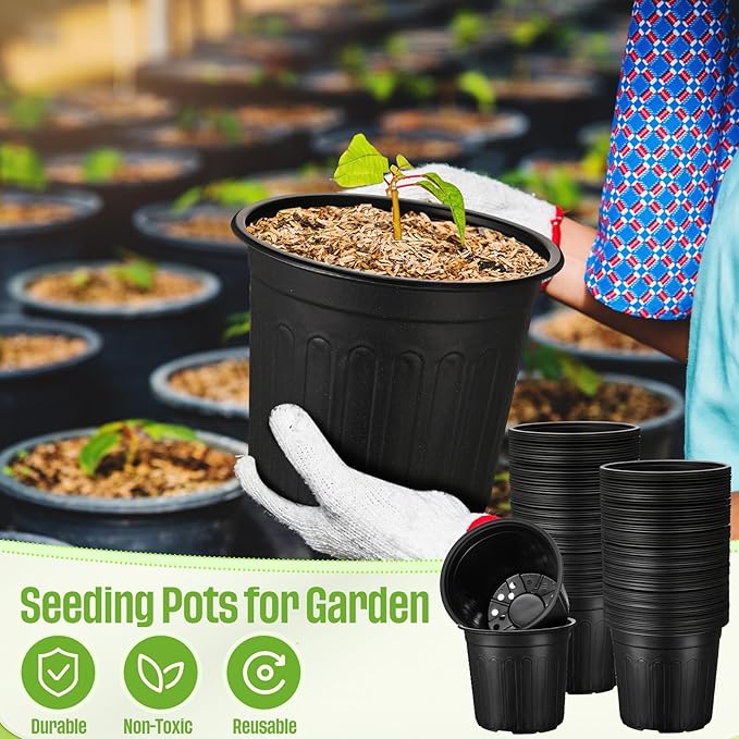 50 Pcs 2 Gallon Plant Nursery Pots Bulk Plastic Planter Flexible Flower Seedlings Pot with Drainage Hole Thickened Seed Starting Container for Flower Succulents Cuttings Transplanting