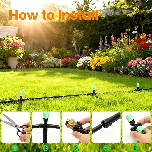 65FT Garden Drip Irrigation Kit - DIY Misting Cooling System with 1/4" Tubing & Adjustable Atomizing Nozzles for Greenhouse, Patio, Raised Beds, Potted Plants