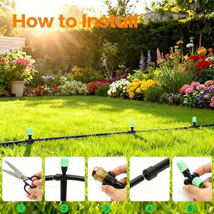 65FT Garden Drip Irrigation Kit - DIY Misting Cooling System with 1/4" Tubing & Adjustable Atomizing Nozzles for Greenhouse, Patio, Raised Beds, Potted Plants