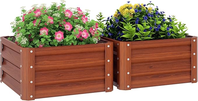 Outsunny 2 Piece Galvanized Raised Garden Bed, 2' x 2' x 1' Metal Planter Box, for Growing Vegetables, Flowers, Herbs, Succulents, Brown
