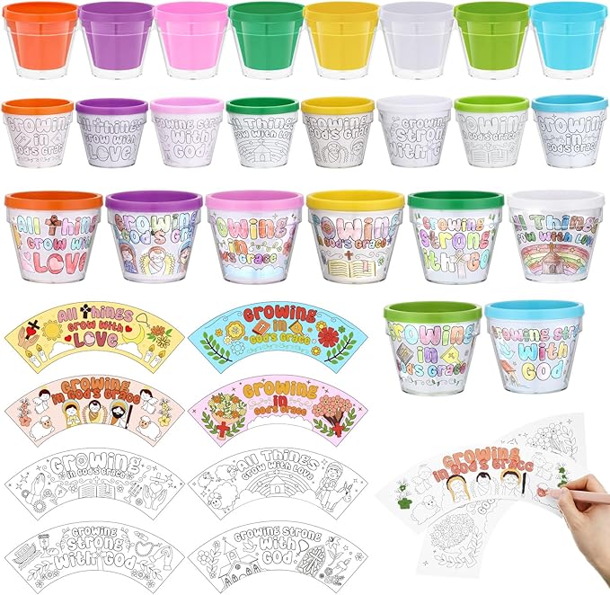 Meanplan 24 Pcs Bible Verse DIY Flower Pots Planters Religious Garden Painting Craft Kit 4'' Small Plastic Christian Spring Decorate Your Own Flower Plant Pot Easter Activities