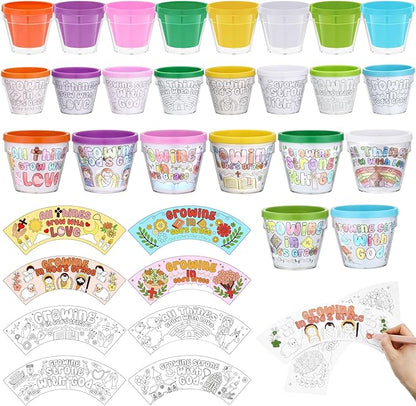 Meanplan 24 Pcs Bible Verse DIY Flower Pots Planters Religious Garden Painting Craft Kit 4'' Small Plastic Christian Spring Decorate Your Own Flower Plant Pot Easter Activities