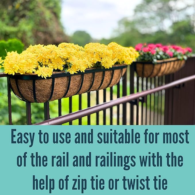 LaLaGreen Fence Planters for Outdoor Plants (24 Inch, 4 Pack) Black Metal Window Boxes Planter To Attach To House, Wall Mounted Flower Coco Baskets Outside Deck Railing Balcony Garden Porch Patio Rail
