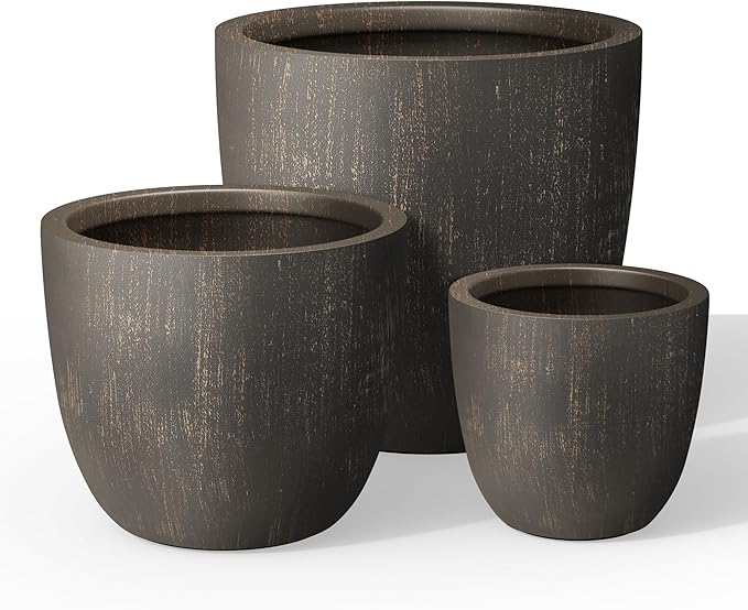 Kante Round Concrete Planter Set of 3, Large Outdoor Indoor Plant Pots with Drainage Hole, 10/14/18-Inch Diameter Flower Pots for Patio, Garden and Home, Antique Bronze