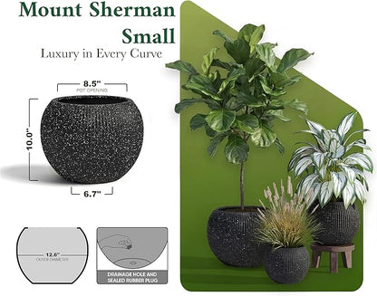DTY Mount Sherman 12.6" D x 10'' H (Pot Opening 8.5") Fiberstone Round Planter with Drainage Hole, Smooth Finishes, Weather Resistant for Indoor and Outdoor, 2 Extra Coco Mats - Ribbed Black, Small