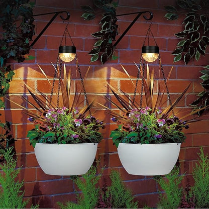 SUNNYPARK 2 Packs Hanging Planters Basket for Outdoor Plants, Solar Powered Self Watering White Round Plastic Flower Pots with Drainer for Balcony Patio Garden Outdoor Decoration