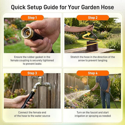 Garden Hose, 100ft 5/8" Heavy Duty Rubber Water Hose, 550 PSI Burst, 360° Anti-Kink Swivel Connectors, All-Weather Flexible, Leakproof 3/4" Brass Male to Female Fittings
