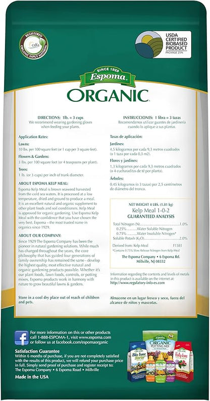 Espoma Organic Kelp Meal 1-0-2 Plant Food and Soil Conditioner; All-Natural Cold-Water Seaweed from The Atlantic Ocean with no fillers or additives. 4 lb. Bag Pack of one