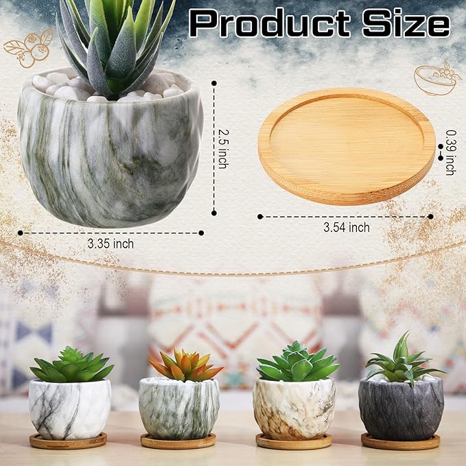 Marbling Ceramic Flower Pot 3.35 Inch Succulent Small Plant Cactus Herbs Planter Ceramic Pot with Drainage Hole Matte Round Container(4 Pcs,Modern Style)
