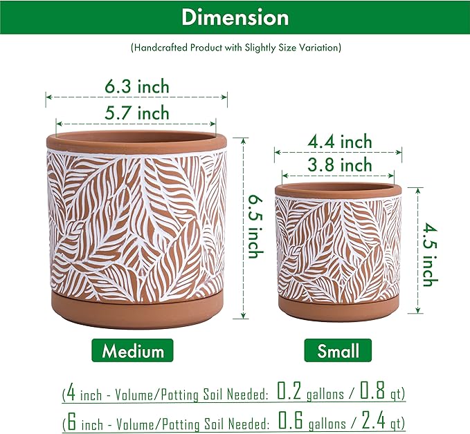 D'vine Dev Set of 2 Terracotta Pots, Leaf Pattern Planter Pot, 4 Inch and 6 Inch, Pot with Drainage Hole and Saucer, Terracotta/White, 31-958-T-1
