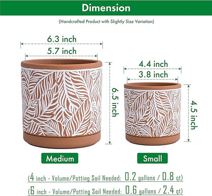 D'vine Dev Set of 2 Terracotta Pots, Leaf Pattern Planter Pot, 4 Inch and 6 Inch, Pot with Drainage Hole and Saucer, Terracotta/White, 31-958-T-1