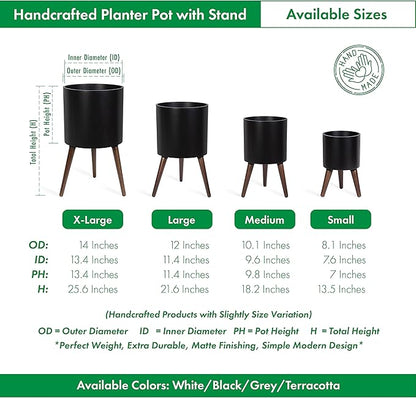 D'vine Dev 10 Inch Planter Pot with Stand, Mid-Century Tall Plant Pot with Legs for Indoor Plants, Medium, Black, 88-O-B-2