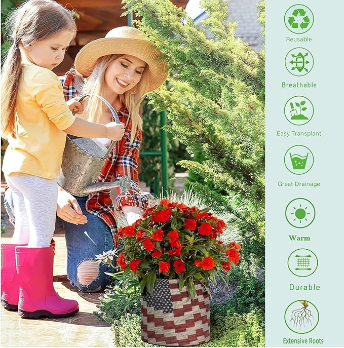 3 Gallon American Flag 4th of July Memorial Day Heavy Duty Grow Bag Containers Breathable Planter Pot with Handles for Potato Tomato Fruits Vegetables Flowers