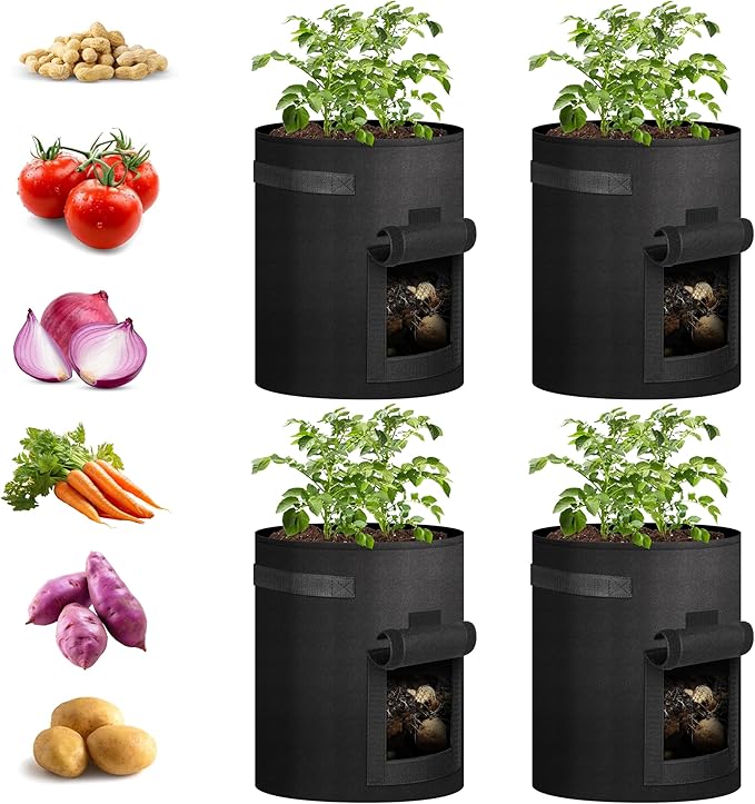 iPower Potato Grow Bags with Flap 4 Pack 10 Gallon, Garden Planting Pot with Durable Handle and Harvest Window, Thickened Nonwoven Fabric Container for Potato, Tomato, Vegetable, Carrot and Fruits