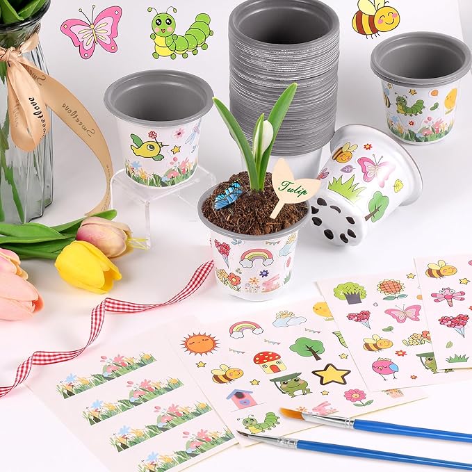 Aweyka Garden Plastic Pot Craft Kit 32 Nursery Pots with 32 Stickers 32 Plant Labels 4 Painting Tools and 1 Ribbon for Flower Plant Spring Graduation DIY Crafts Painting Gardening Growing Tools