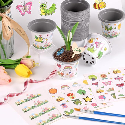 Aweyka Garden Plastic Pot Craft Kit 32 Nursery Pots with 32 Stickers 32 Plant Labels 4 Painting Tools and 1 Ribbon for Flower Plant Spring Graduation DIY Crafts Painting Gardening Growing Tools