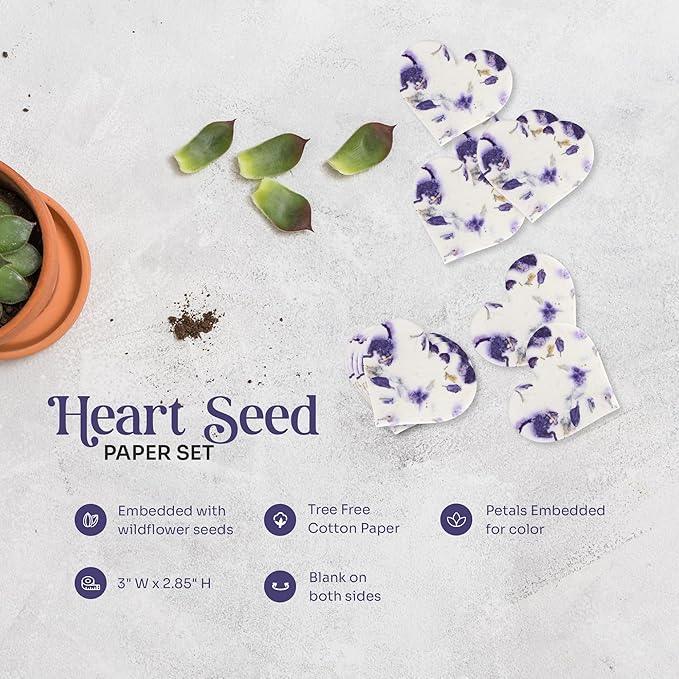 Set of 24 Purple Heart Seed Paper – Writable & Plantable Wildflower Hearts with Envelopes & Planting Guides, Gift for Moms or Plant Lovers for Mother’s Day, Heart Party Favors for Weddings & Showers