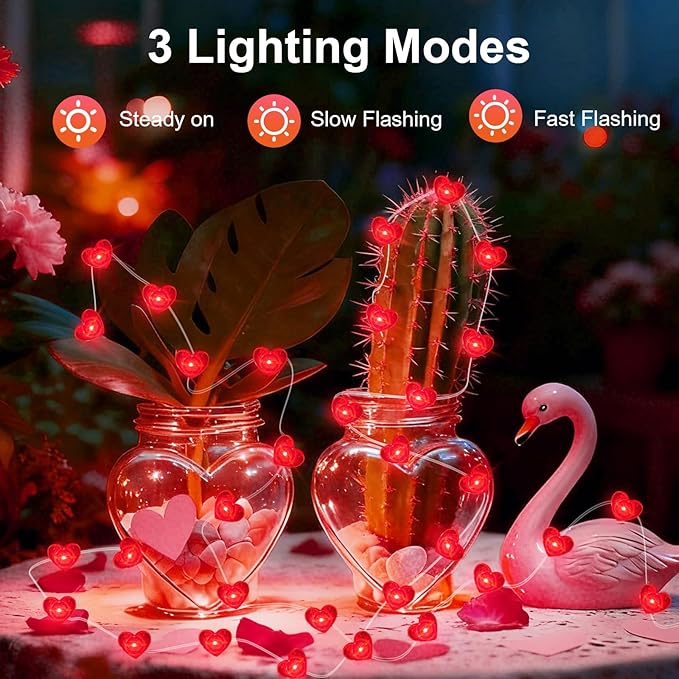 AIKEI 4 Pack Valentines LED Fairy Lights Battery Operated, Red Heart String Lights Waterproof 7 Feet 20 Led Firefly Starry Lighting for Wedding Party Bedroom Table Valentine's Day Decoration