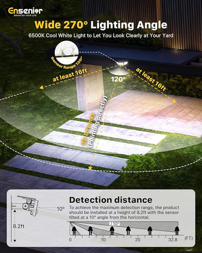 Ensenior Motion Sensor Outdoor Lights, 220 LED IP65 Waterproof Solar Security Light with Remote Control, 3 Heads Solar Flood Light Outdoor with 4 Modes, 270° Wide Angle Motion Light for Outside -3Pack