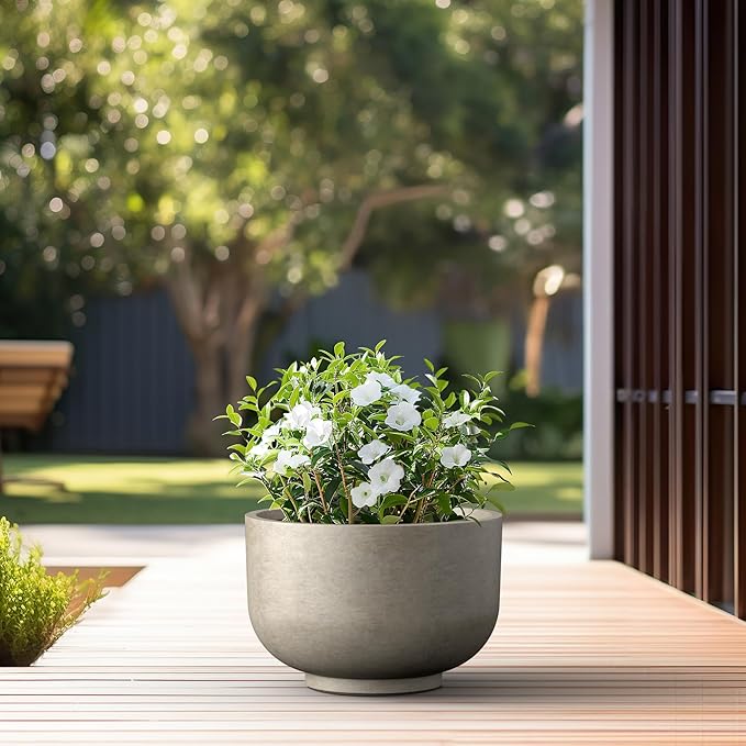 Kante 17.7 Inch Dia Concrete Bowl Planter, Large Tapered Bottom Plant Pot with Drainage, Smooth Weathered Concrete Finish with Painted Interior, Ideal for Porch, Home, Garden, Patio