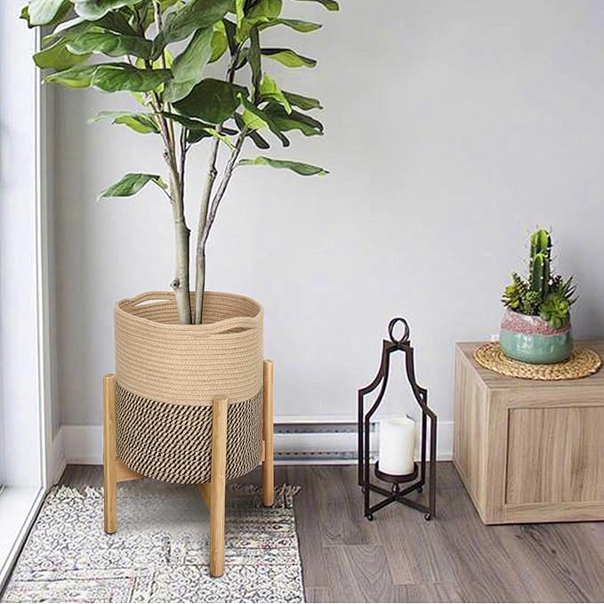 Woven Jute Plant Basket, Wicker Basket Planter for 10 inch Pot, Round Indoor Tree Pot Cover, Small Boho Planter Baskets, Decorative Basket for Plants and Home Decor, 11”X11”, Black Stripes