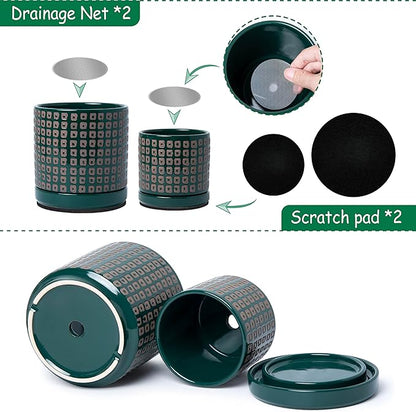 D'vine Dev Set of 2 Ceramic Planter Pots with Drainage Hole and Saucer, 4.5 Inch 6 Inch Plant Pots for Plants Indoor Houseplants, Green, 99-A-4