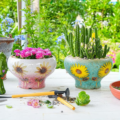 Sungmor Small Succulent Planters Set of 2, Beautiful Hand Crafted Ceramic Plant Pots Cute Cactus Pot, 6.5 Inch Flower Pots for Indoor Plants with Drainage, Desktop Windowsill Home Office Decor Pots
