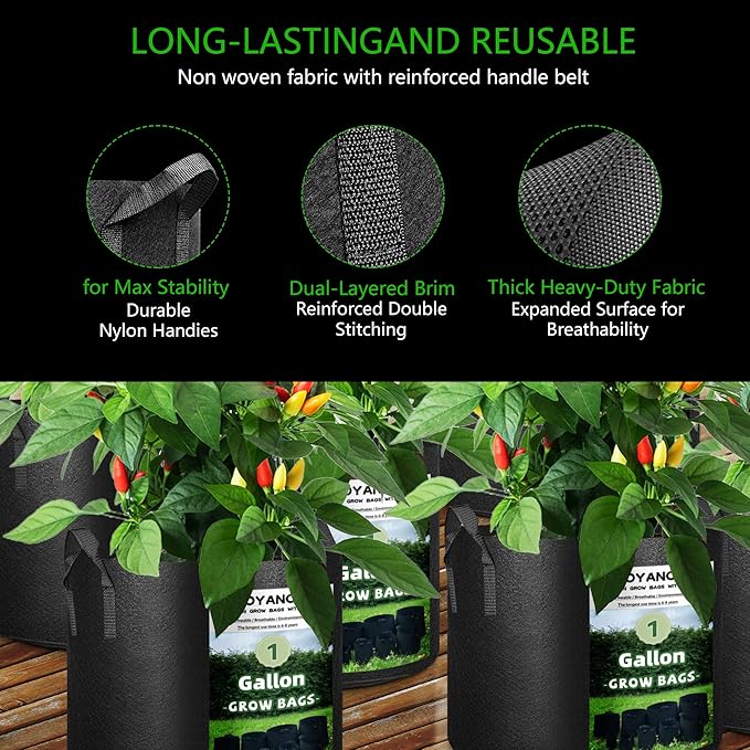 10-Pack 7 Gallon Grow Bags, Heavy Duty 300G Thickened Non-Woven Fabric Grow Bags, Ventilated Plant Pots with Reinforced Handies