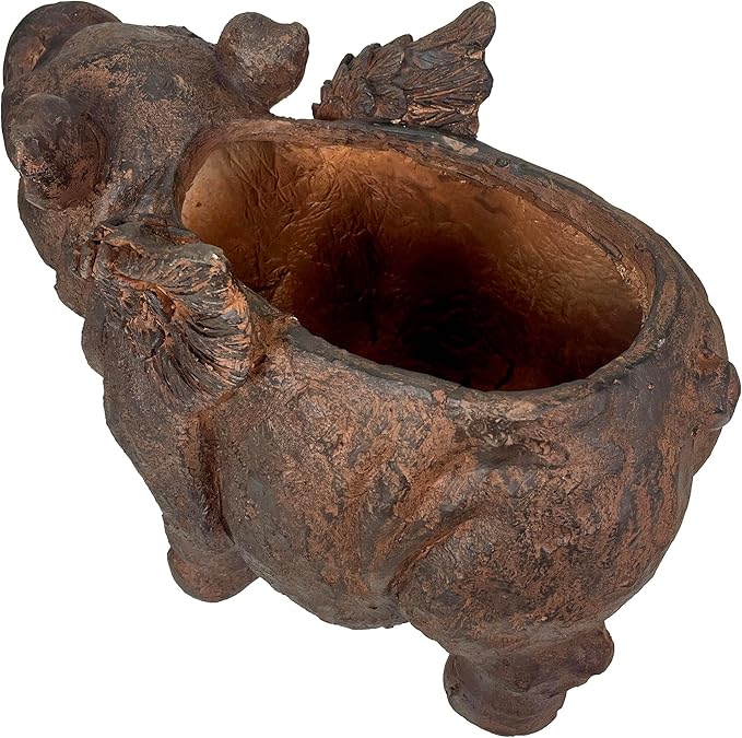 Zeckos Whimsical Flying Pig Planter with Drain Hole – 17 Inch Brown Magnesium Oxide Animal Planter for Succulents, Flowers, Indoor Outdoor Rustic Farmhouse Decor – Weather-Resistant Pig Garden Pot