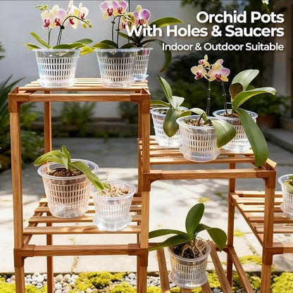 T4U Orchid Pot, 6 Pack 4.3 Inch Orchid Pots with Holes and Saucers, Clear Orchid Pots for Repotting, Plastic Flower Plant Pot for Indoor Outdoor Plants, Slotted Orchids Planter for Root Health
