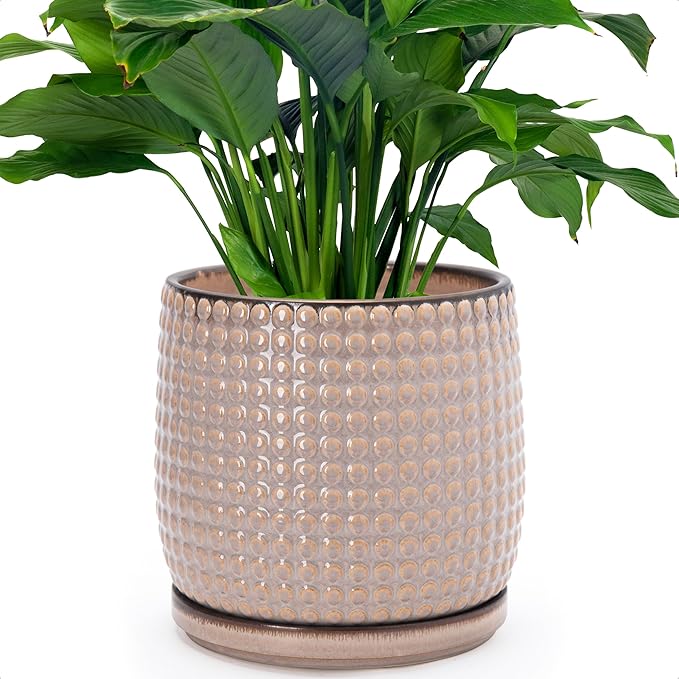 D'vine Dev 8 Inch Ceramic Beaded Stoneware Planter Pot - Flower Pot with Drainage Holes and Saucers for Indoor Succulent Plants or Flowers, Light Brown, 27-C-Q-4