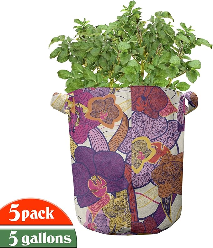 Ambesonne Grey and White Grow Bags 5-Pack, Geometric Ombre, Heavyduty Fabric Pots with Handles for Plants, Grey Charcoal