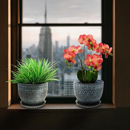 Ceramic Plant Pots. Flower Pots for Plants. Planter Pots with Drainage Holes and Saucers for Indoor Plants. 5.5 inches Wide, 4.3 inches Deep. Set of 2.