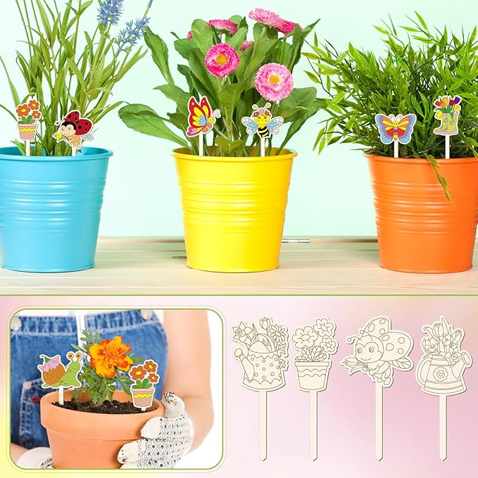 15 Pcs Wooden Spring Plant Stakes Crafts Color Your Own Spring Sticks for Plant DIY Craft Kits Unfinished Wood Cutouts Butterfly Watering Can Snail Flower Shape for Gardener Gardening Gifts