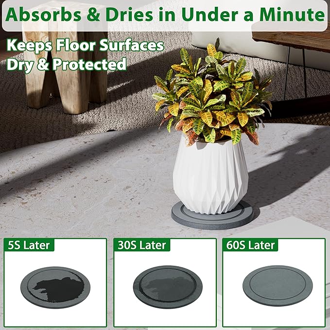 Plant Saucer Flower Pot Saucers Plant Trays for Pots Instant Dry Diatomaceous Earth Round Plant Drip Trays for Indoors Keeping Counter and Floors Dry and Clean (2Pcs Grey Small)